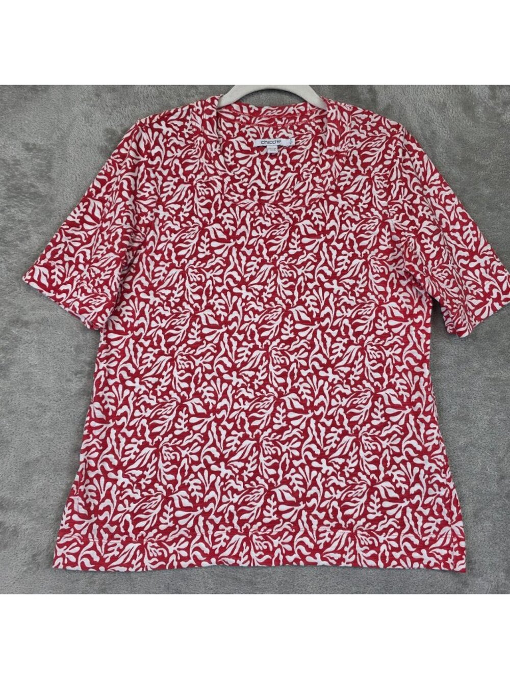 Chico's T-Shirt Womens S Red Floral Tropical Scoop Neck Short Sleeve Modal Top